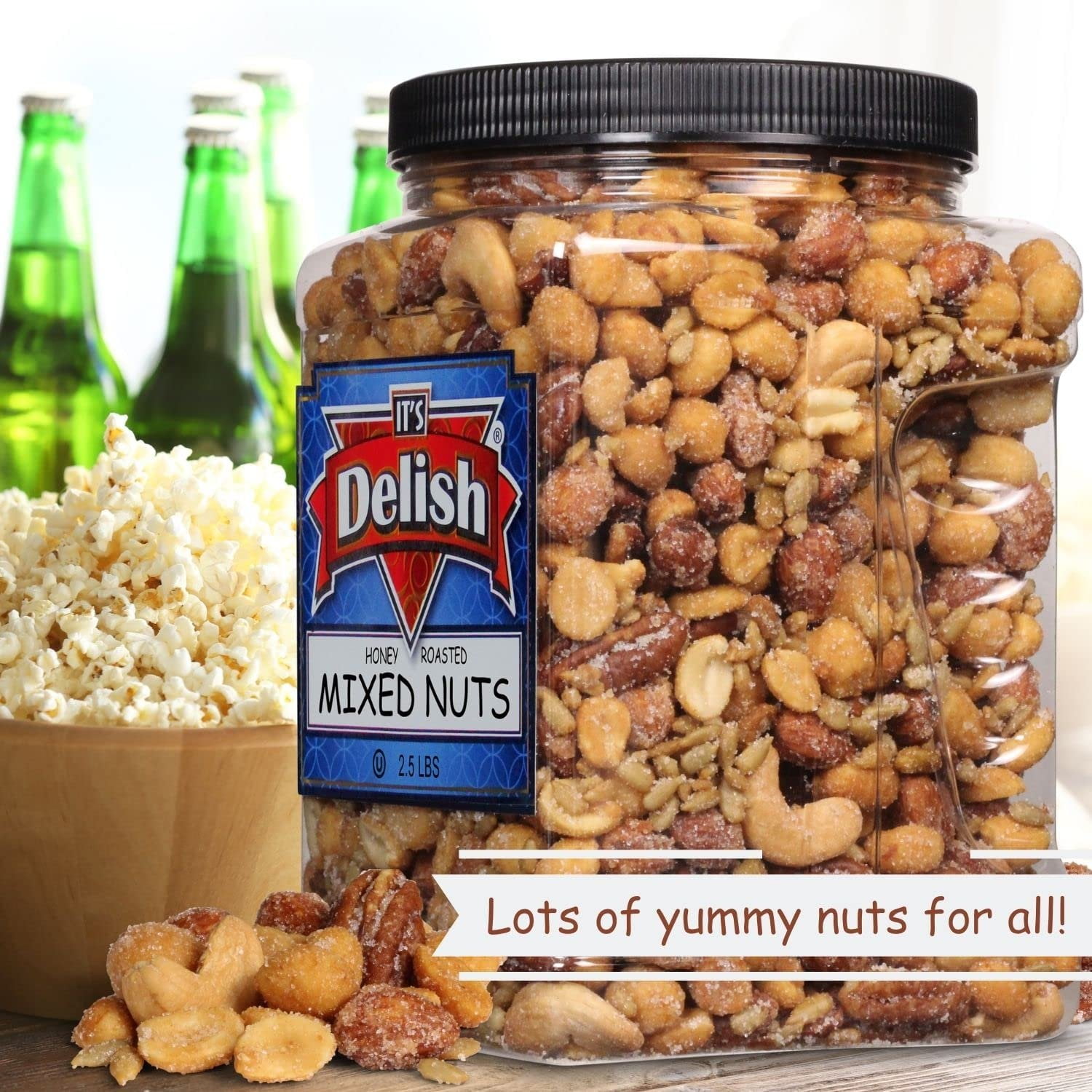 Honey Roasted Mixed Nuts by It's Delish, 2.5 LBS Reusable Jumbo Container  Gourmet Mixed Nuts in Honey Sugar Coating, Sweet & Heart Healthy Salted Nut, Kids Snack - Non-Dairy, Kosher Parve