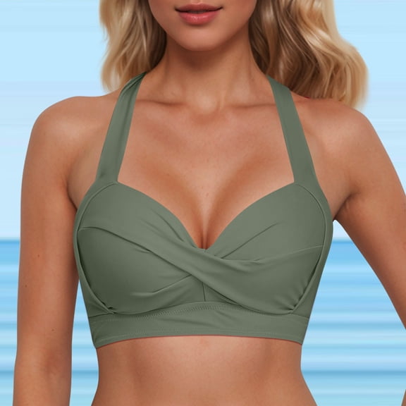 Womens Halter Bikini Tops Lace Up Swimwear Tops Underwire Full Coverage Bikini Top Push Up Swim Crop Top Tie Back Bathing Suit Tops Swimsuit Padded L