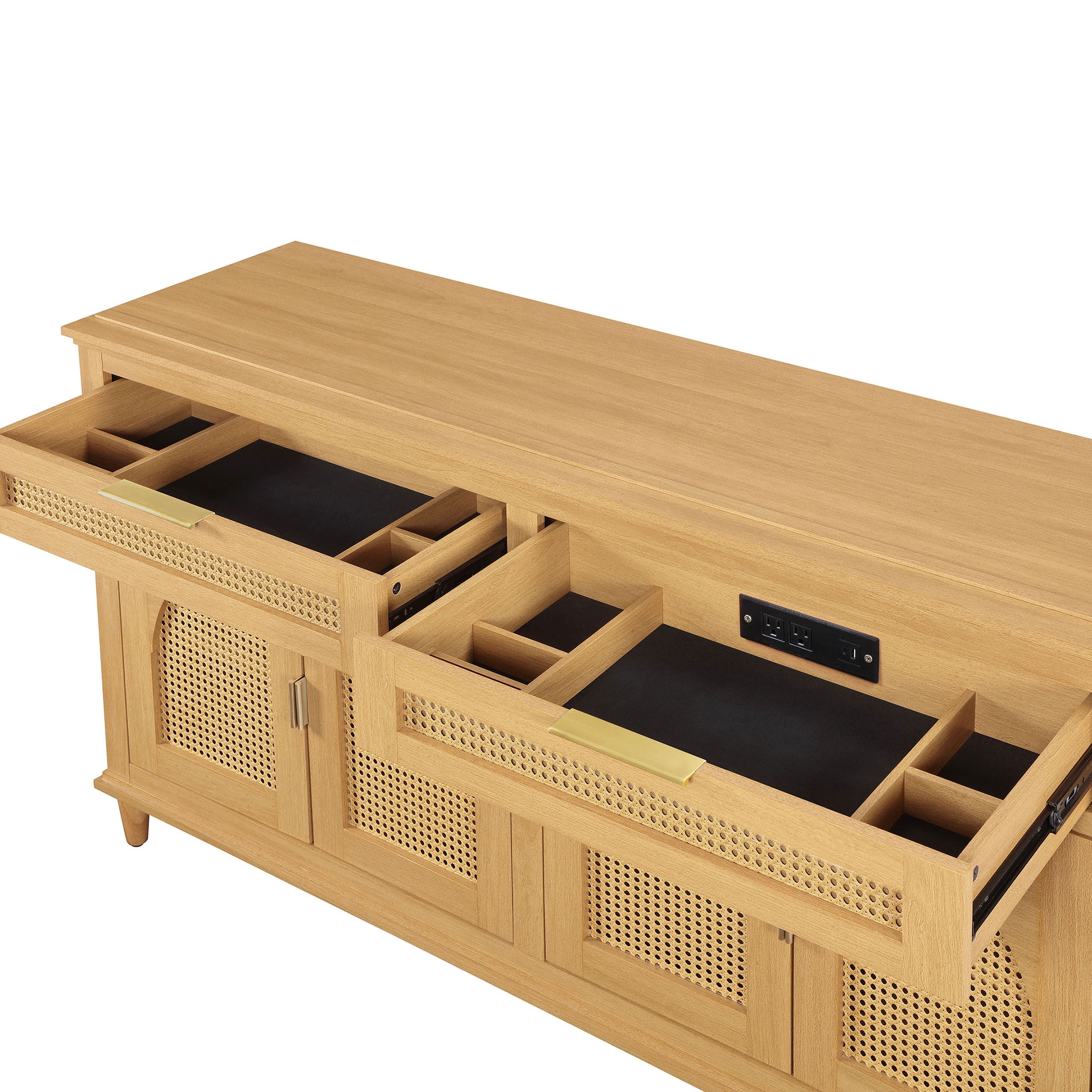 Beautiful Drew Rattan Media Console with Teched Away Drawer by Drew Barrymore, Warm Honey Finish