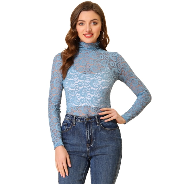 Blusa de encaje floral Allegra K con cuello simulado de manga larga para mujer Azul polvoriento L
