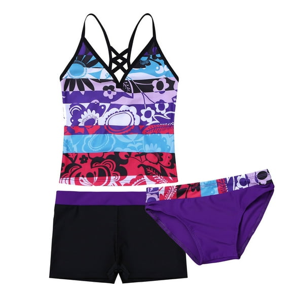 Rswnyirn Costume de Bain pour Enfants, Hauts Sans Manches, Shorts et Bas de Maillot de Bain 3 Pcs, Ensemble de Maillots de Bain pour Filles, Violet 12