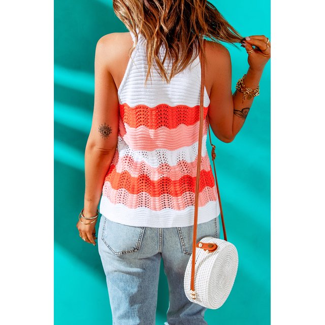 ABPHQTO Camiseta sin mangas de punto naranja con bloques de colores para mujer