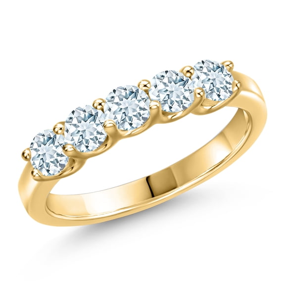 Gem Stone King 10K Yellow Gold Sky Blue Aquamarine Wedding-Bands Ring for Women | 0.85 Cttw | Round 3.5MM | Gemstone March Birthstone | Size 5