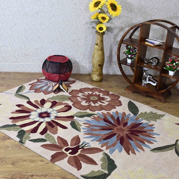 Rugsotic Carpets Hand Tufted Wool Eco-Friendly 5'x8' Area Rugs Rectangle Cream Floral Modern High Pile Thick Handmade Anti Skid Indoor Rug for Living Room, Bedroom K03059
