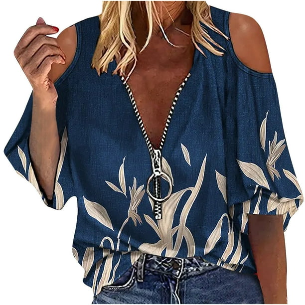 Camisa sexy de verano para mujer Blusa con hombros descubiertos Blusa con estampado de cremallera de media manga OAVQHLG3B Store lin121212