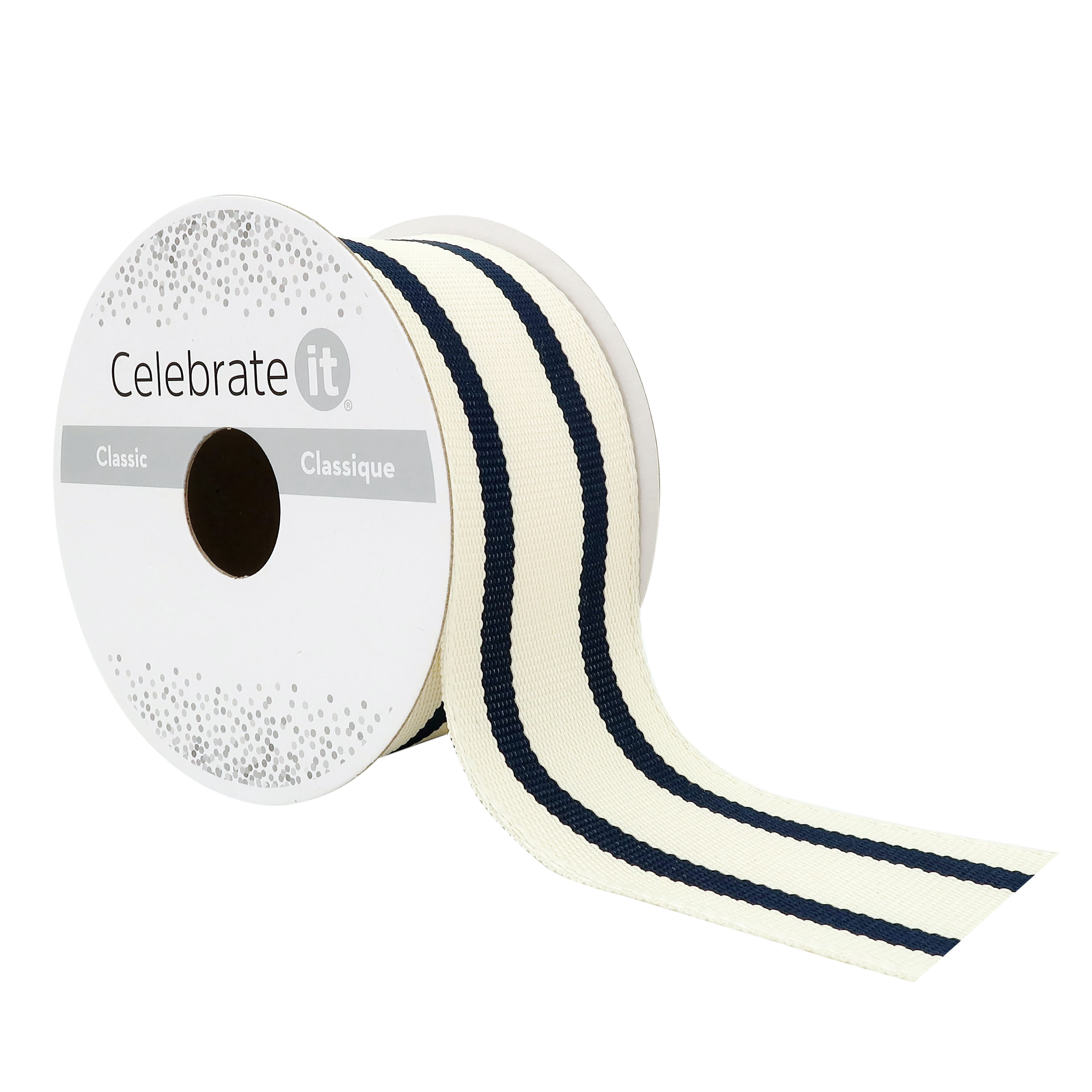 1.5" x 3yd. Navy Wired Ticking Stripe Ribbon by Celebrate It – Woven Selvage Edge - Ideal for Wreaths - Gift Wrapping & Seasonal Decor - 12 Pack