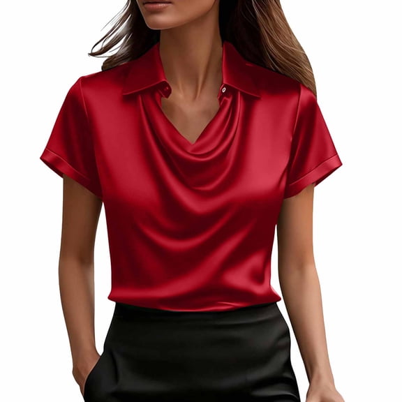 Satin Tops for Women Casual Cowl Neck Cozy Lapel Short Sleeve Silk Shirts Fitted Blouses