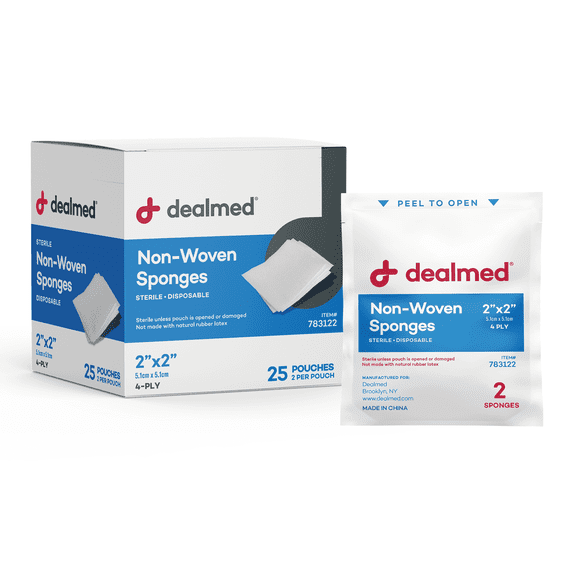 Dealmed 2" x 2" Premium Non-Woven Sponges, 4-Ply Absorbent Gauze Pads for First Aid Kits and Medical Facilities, Sterile 2's, 25 Pouches/Box (Pack of 1)