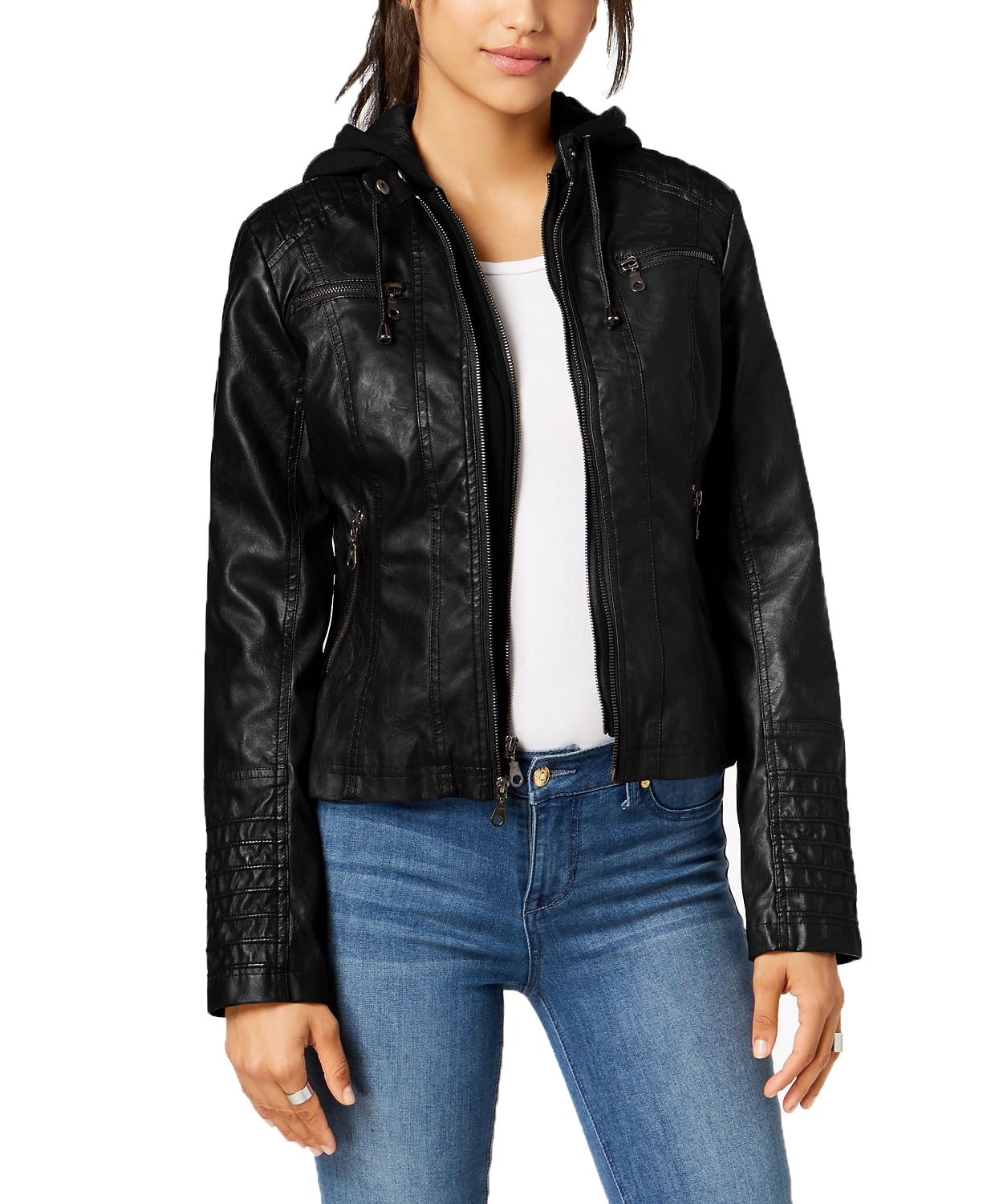 hooded faux leather moto jacket
