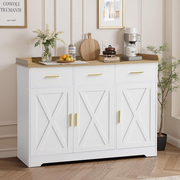 Modern Farmhouse Buffet Cabinet with 3 Doors & 3 Drawers 43" For Kitchen & Dining Room, Large Sideboard Storage & Coffee Bar Station,Wood Kitchen Storage Cabinet with Adjustable Shelves, White