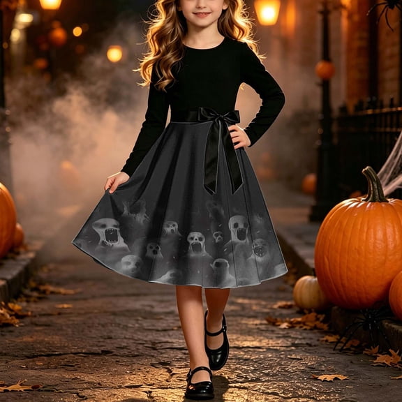 Girls' Halloween Two Piece Long Sleeve Dress Twisted Tree Bat Print Bow Belt A Line Flowy Skirt Kids Role Play Costume for Girls 5-14Y, Halloween Costumes for Girls Black c 11 Years