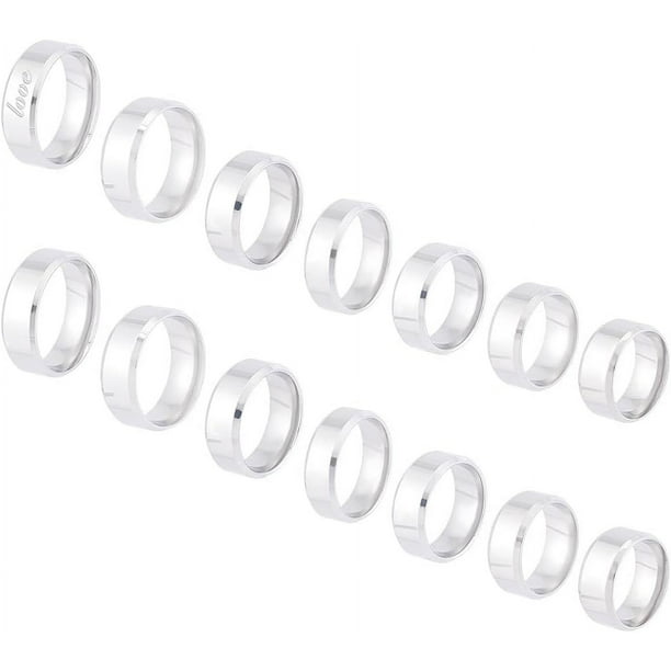 Anillo de acero inoxidable mate liso de 14 piezas, 7 tamaños, con inscripción láser, anillo de dedo en blanco, anillo de boda clásico de metal hipoalergénico para joyería.