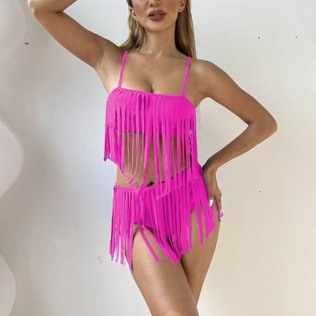 Sakmal High Waisted Swimsuit for Women Two Piece Sets Tassels Bikinis Pink Swimwear Push Up Triangle Swimsuit Sets