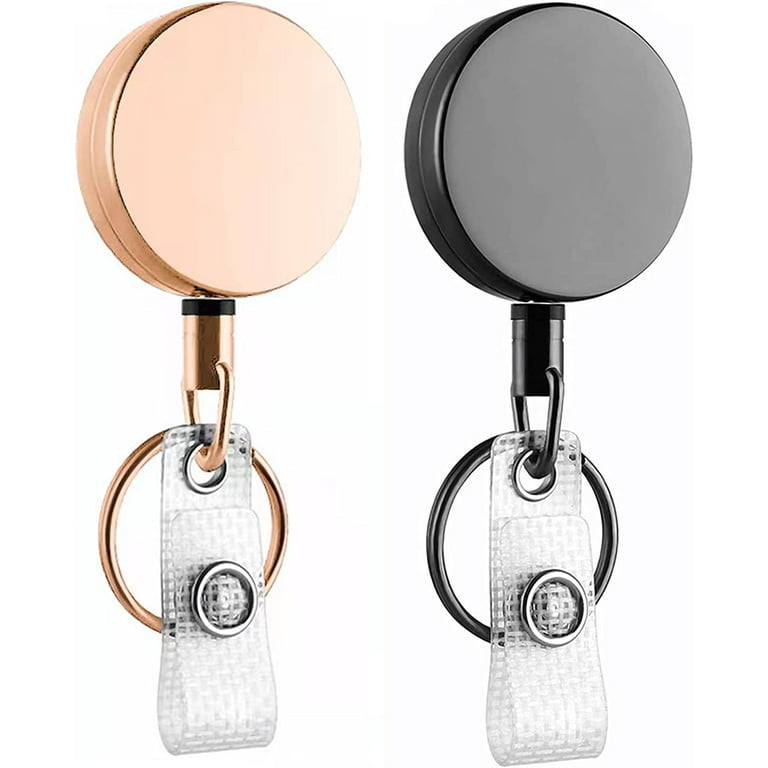 2 Pack Heavy Duty Retractable Badge Reel Metal ID Badge Holder Reel with  Belt Clip Key Ring for Name Card Keychain-27.5 Reinforced Steel Wire Cord  (Metal 2Pack Black+Rose Gold) 