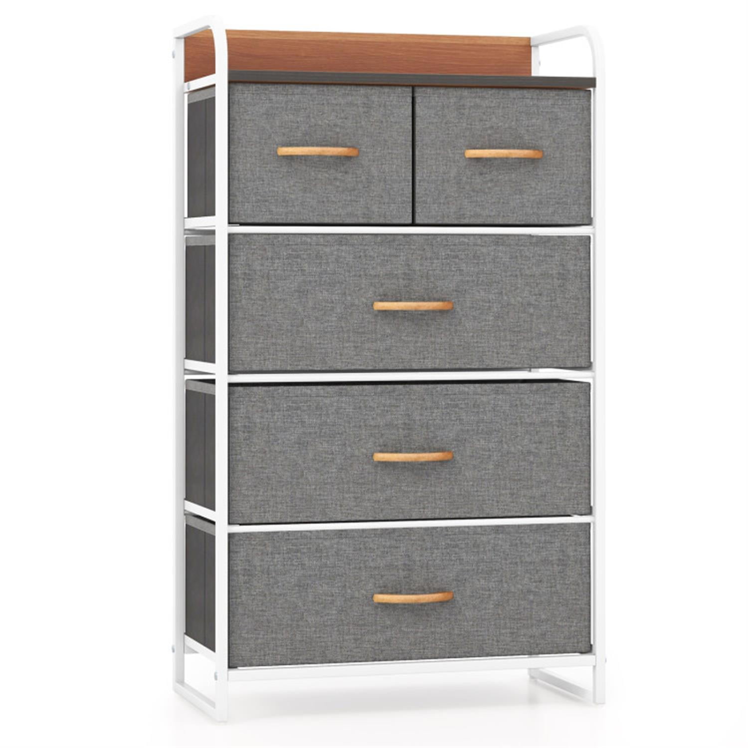 Demi Bonn Modern 5-Drawer Dresser with Wooden Handles and Top Storage, 4-Tier Organizer Tower Steel Frame for Bedroom, Hallway, Entryway, Gray