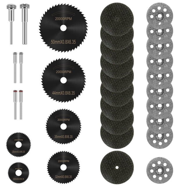 Cutting Wheel Set - 32Pcs Resin Cutting Disc Set Sharp HSS Circular Saw Blade Kit Rotary Tool Accessories with Spindles for Wood Plastic Metal Stone Glass