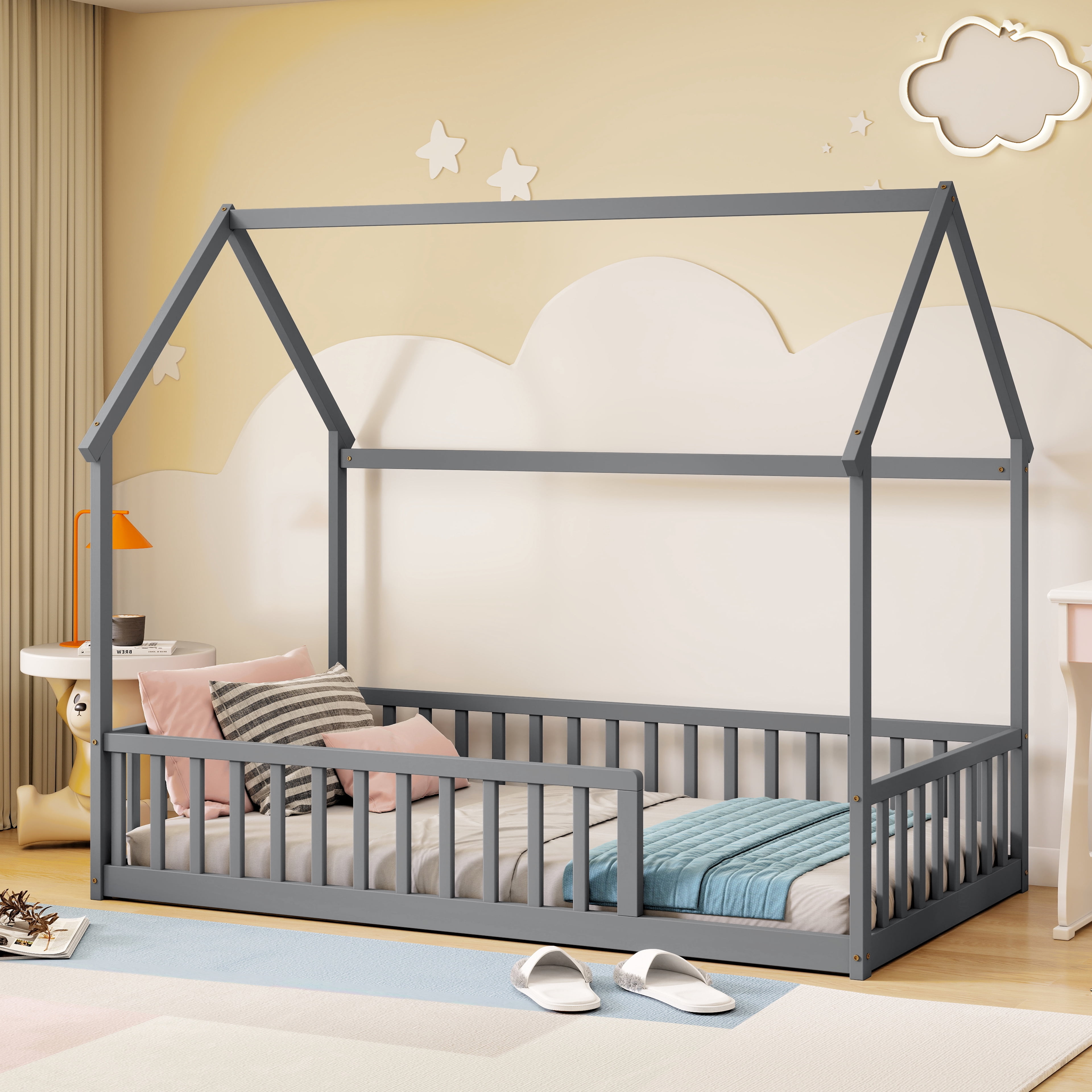Twin House Floor Bed with Full Safety Fence, Solid Pine Wood Montessori Kids Playhouse Bed Frame No Box Spring Needed Max 250 LBS for Toddler Bedroom Nursery