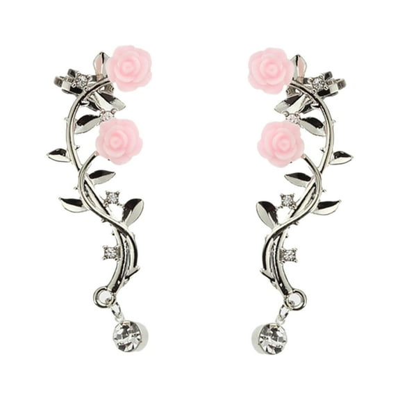 KDSJSXW Sterling Silver Earrings Studs Women's Style Style Earrings Vintage Women Rose Flower Branch Rhinestone Climber Crawler Earrings Ear Jewelry Womens Earrings (Silver,One Size)