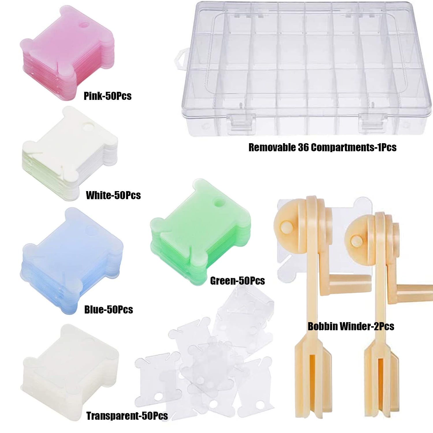 Embroidery Floss Cross Organizer Box Tools - 2Pcs Bobbin Winders, 1 Removable 36 Compartments with 250 Hard Plastic Color Floss Bobbins for Cross Stitch Craft DIY Sewing Jewelry (253pcs)