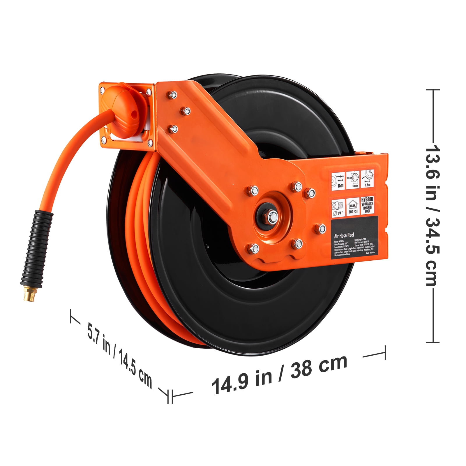 BENTISM Retractable Air Hose Reel, 3/8 IN x 50 FT Hybrid Air Hose Max 300PSI, Air Compressor Hose Reel with 5 In Lead in, Ceiling/Wall Mount Heavy Duty Single  Arm Steel Reel