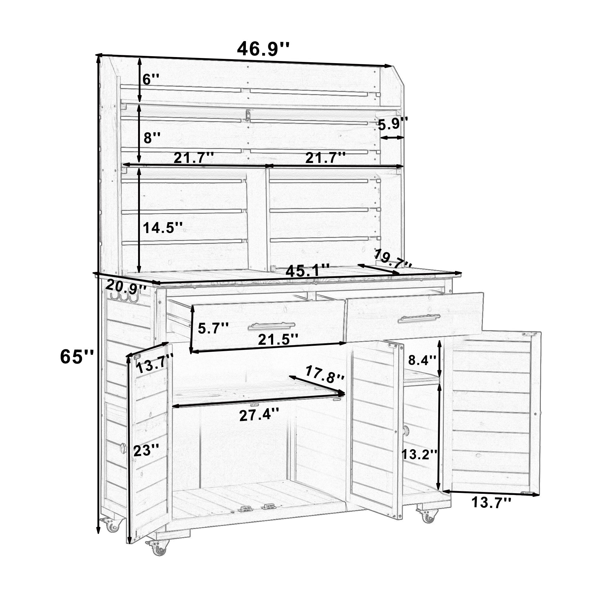Sailvan 65''H Wood Patio Kitchen Island & Garden Potting Bench,Outdoor Grill Prep Cart with Storage Cabinet,Hutch Top and Wheels Gray