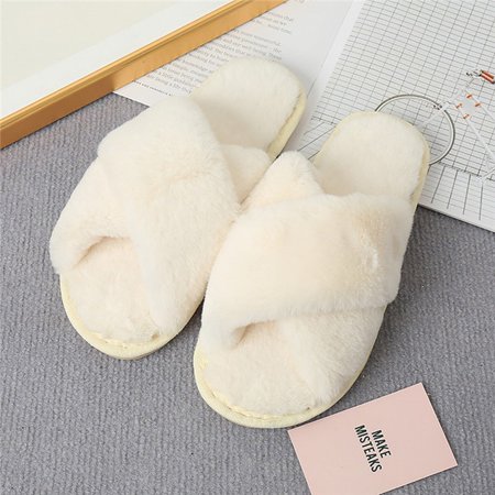

CoCopeanut 2022 New Design Women Winter House Furry Slippers Women Cross Fluffy Fur Home Slides Flat Indoor Floor Shoes Ladies Flip Flops