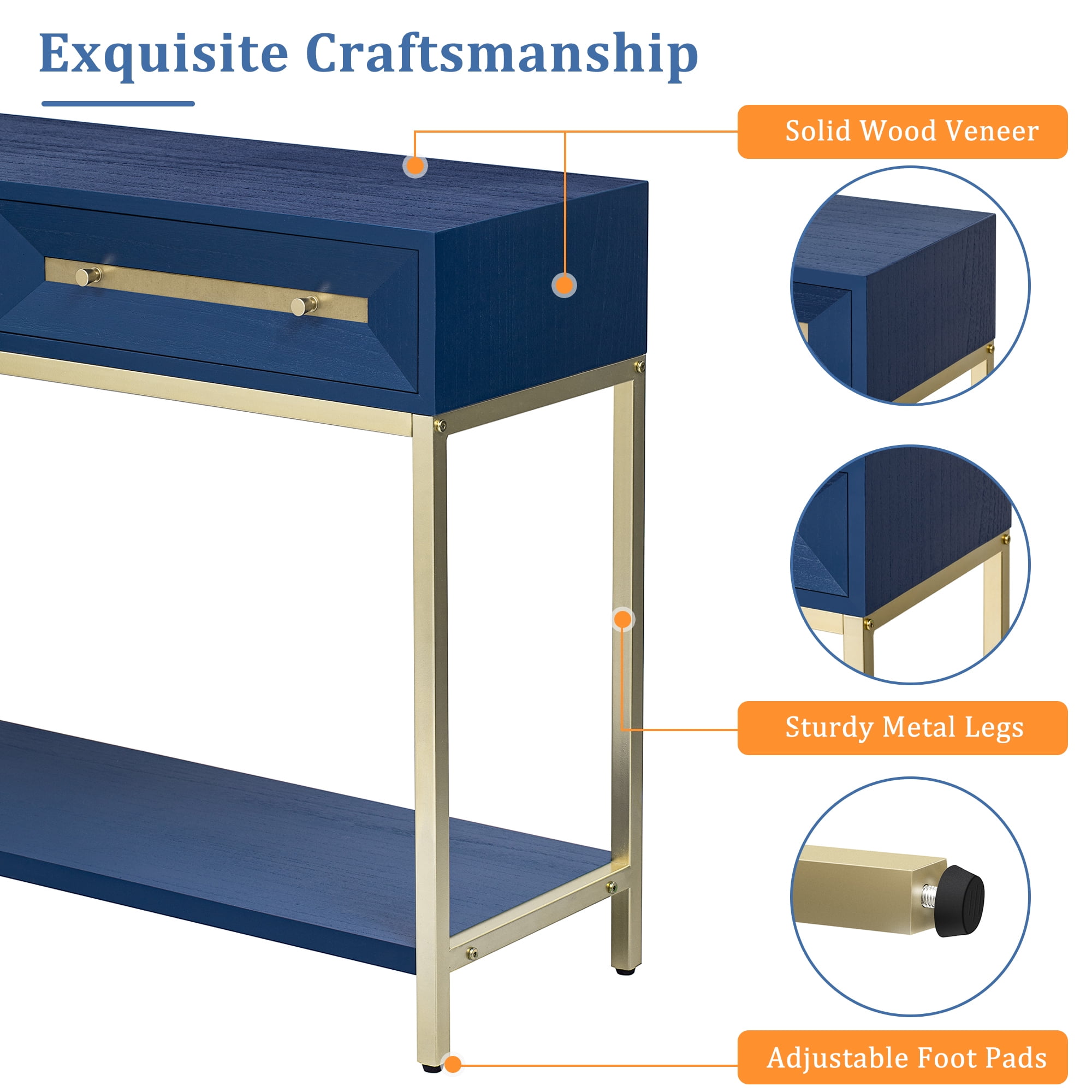 EUROCO 45.5" Console Table,Wood Narrow Entryway Table with 2 Drawers and Open Storage Shelf,Retro Hallway Table Sofa Table for Hallway,Living Room,Navy