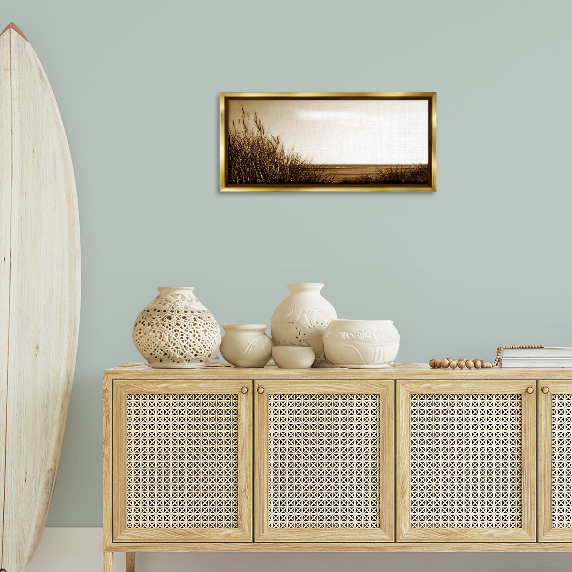 Stupell Industries Long View Horizon Coastal Photography Gold Floater Framed Canvas Art Print Wall Art, 31 x 14
