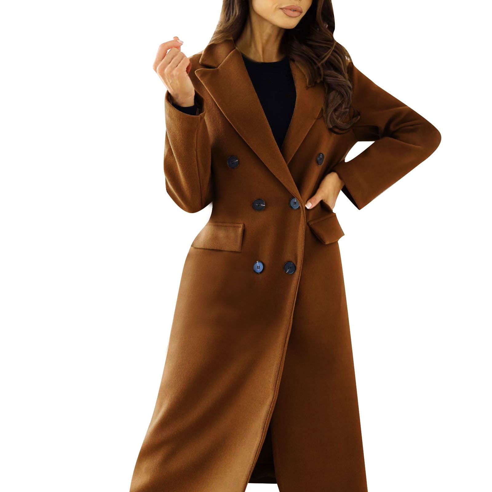 HAXMNOU Winter Coats For Women Women's Autumn And Winter Simple Double Long  Sleeved Lapel ButtonJacket Peacoat Womens Coat Trench Coat Jacket Brown S