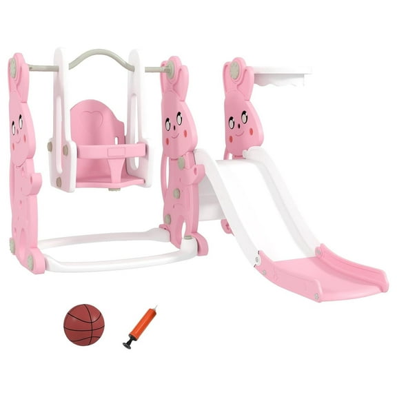 4 in 1 Toddler Slide and Set, Kids Playset for Ages 1.5-4, Rabbit Themed Children Slide with Climber, Basket Hoop, for Indoor Outdoor Backyard, Pink