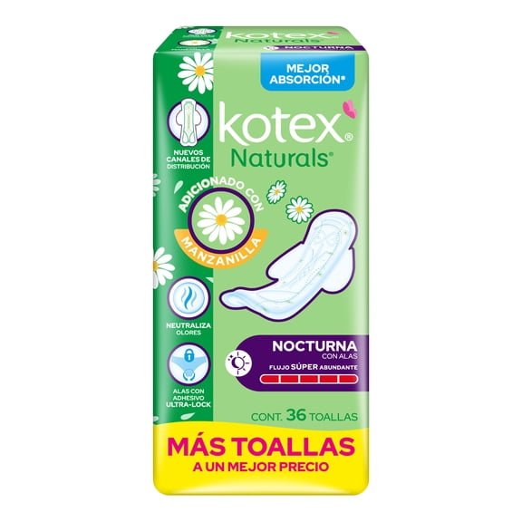 Toallas femeninas Kotex Naturals con manzanilla nocturna con alas flujo súper abundante 36 pzas