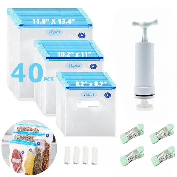 Manual Vacuum Sealer Kit with 40 Bags, Hand Pump Food Preservation System for Freezer Storage