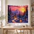 thumbnail image 5 of Snowy Cabin on a Stream with Snow-Capped Mountains at Sunset Serene Rustic for Nature Lovers Winter Cabin Art Decor Christmas Gift Tapestry Wall Hanging for Living Room and Bedroom, 5 of 7