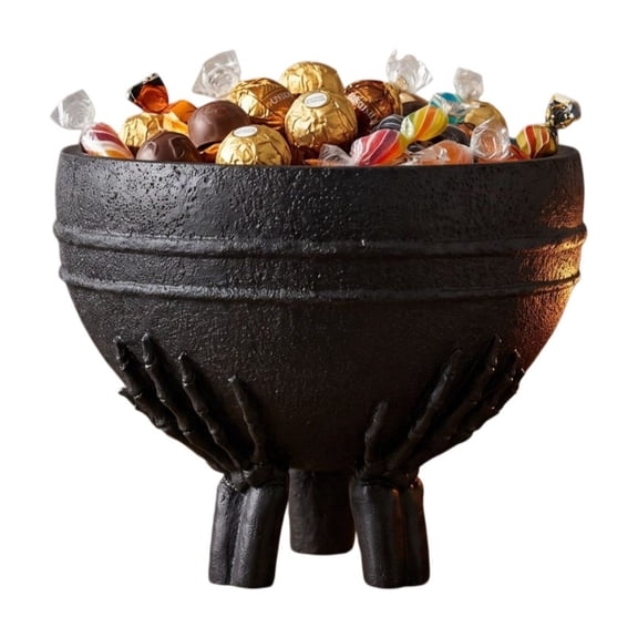 OutmaxHome Halloween Skeleton Hand Candy Bowl, Black Resin Cauldron‑Style Treat Holder, Spooky Tabletop Storage Bowl For Trick‑Or‑Treat, Party & Home Decor