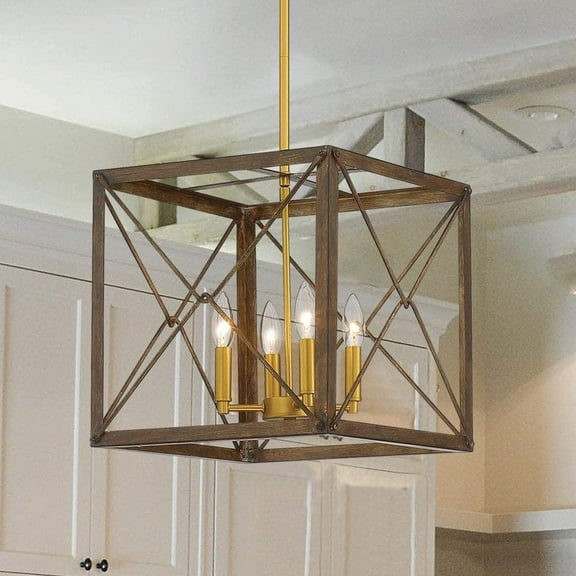 Vanity Art Farmhouse Vintage 4 Lights Cage Pendant Chandelier Lighting Ceiling Light Fixture Antique Brown Lantern Chandelier for Living Room Dining Room 12124WN-GD