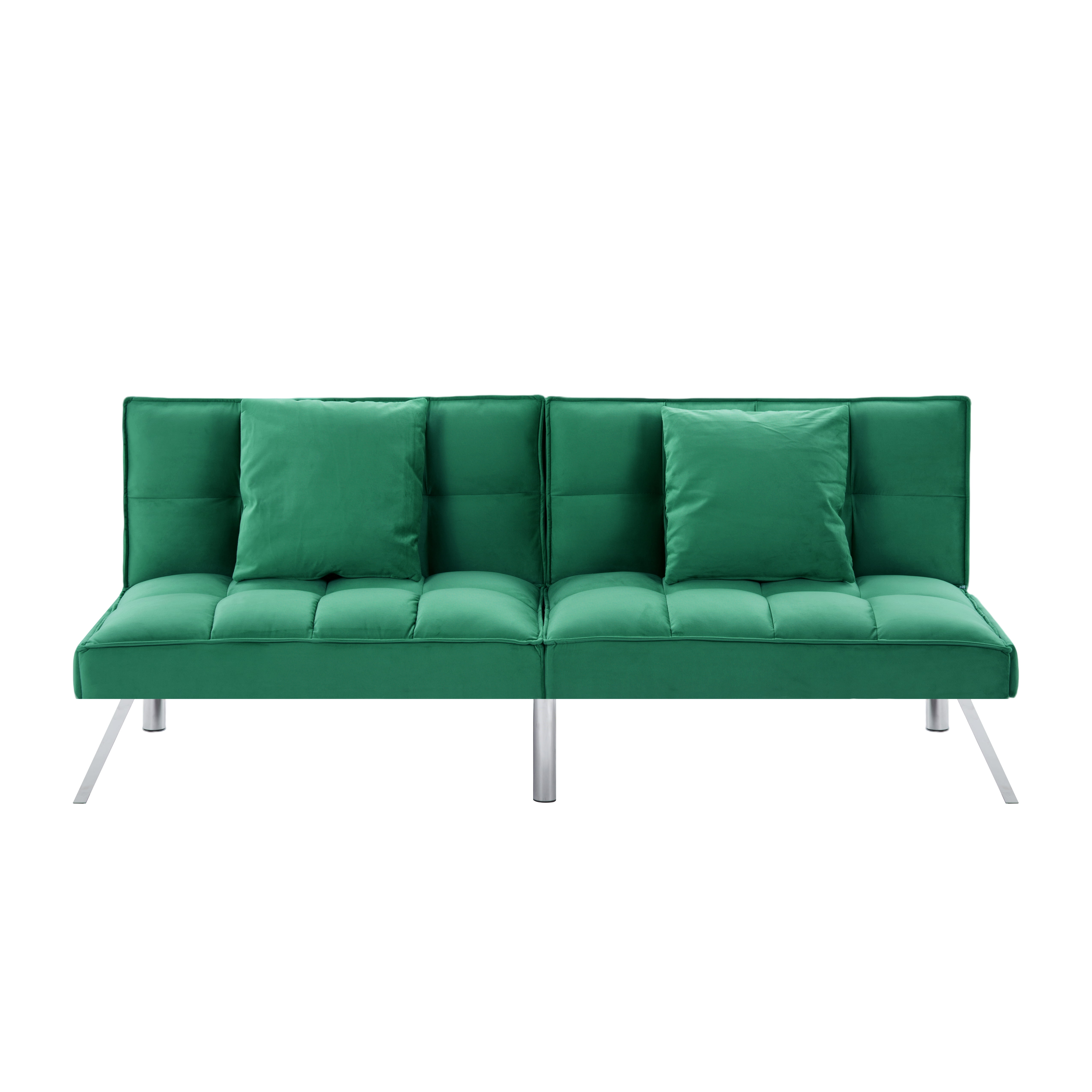 Gewnee 67.7”Velvet Futon Sofa Bed Convertible Sleeper Sofa with Split-Back 5 Adjustable Angles,Metal Legs & 2 Toss Pillows for Living Room,Office,Guest Room.Green