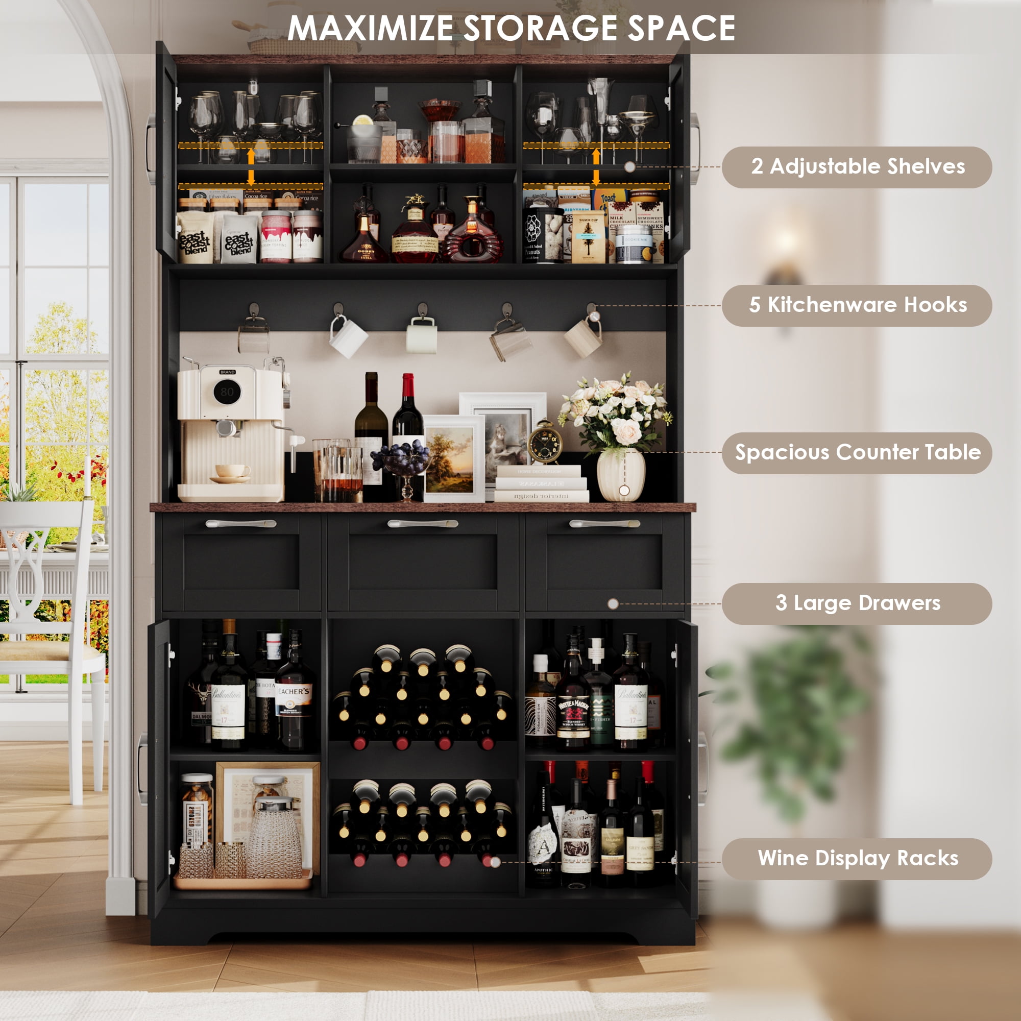 Homfa 71'' Tall Wine Bar Cabinet with Storage Hutch & 3 Drawers, Farmhouse Coffee Bar Cabinet Wine Rack with Adjustable Shelves for Kitchen Dining Room, Black