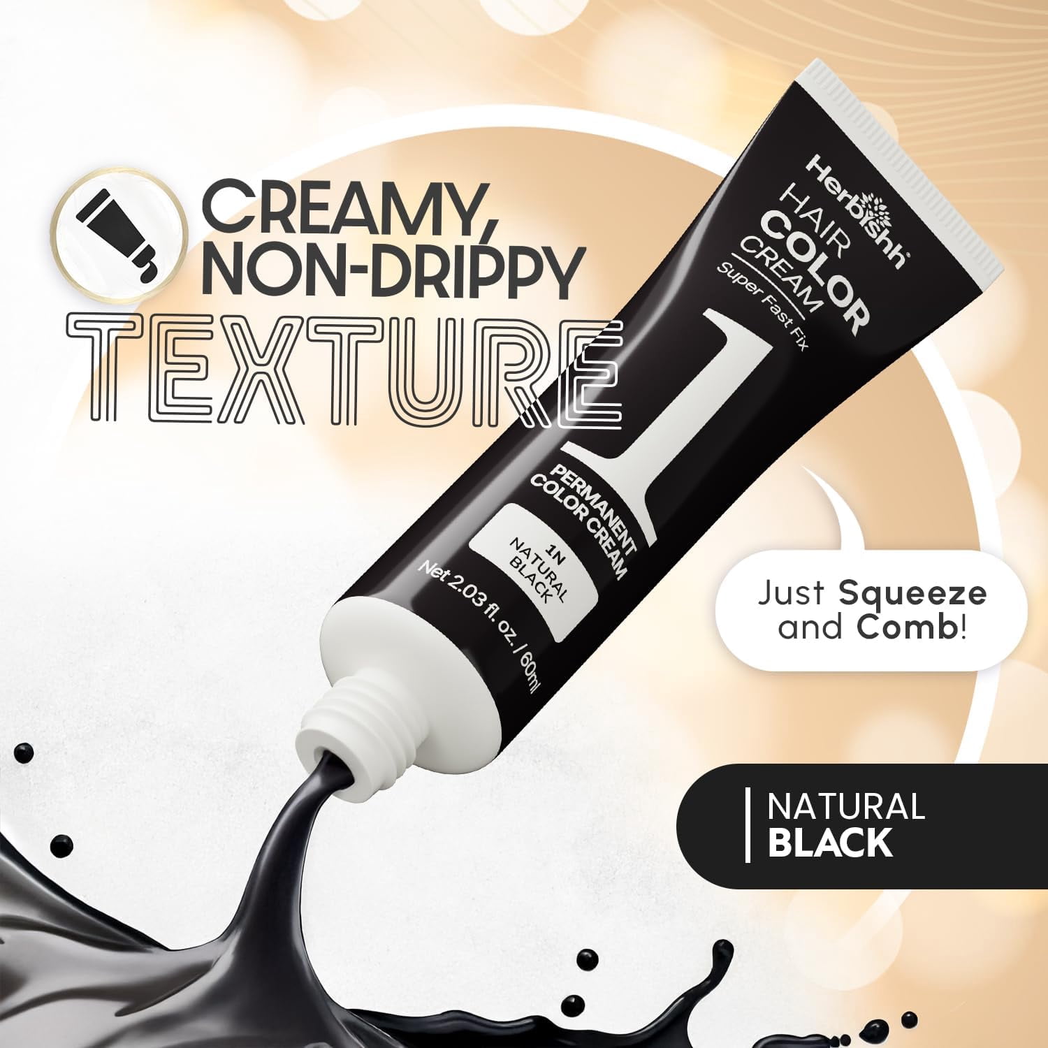 Herbishh Rapid Infusion Hair Color Cream – 1N Natural Black Hair Dye Permanent One Minute with Comb Applicator, Hair Color for Gray Hair Coverage, Ammonia-Free, Patented Korean Technology, 2.03 fl. O