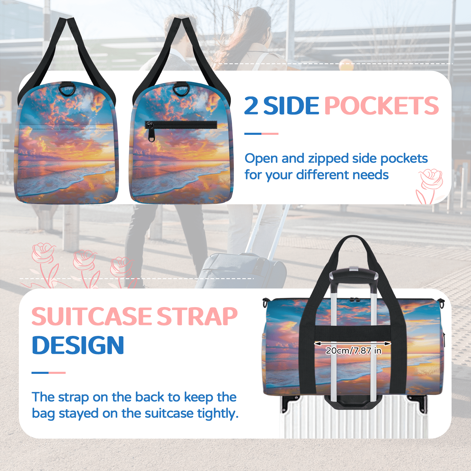 Herdesigns Hawaiian Beach Themed Gym Bag for Women, Duffle Bag for Travel Sport, Lightweight Waterproof Carry on Weekender Overnight Dance Yoga Workout Bags