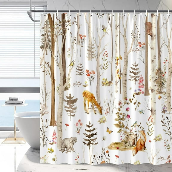 Autumn Forest Animal Shower Curtain Cabin Fall Rustic Deer Bathroom Curtains Floral Butterfly Plants Cute Fox Wildlife Watercolor Nature Scenic Bathtub Decor with Hooks 78 x 70 in