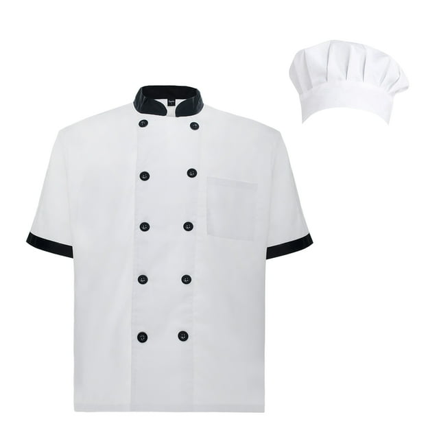 TopTie Unisex Short Sleeve Cooking Chef Coat Jacket with Adjustable Hat-Black White-S