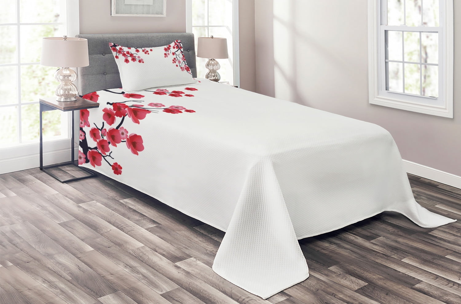 Floral Coverlet Set, Illustration of Flowering Branch Sakura