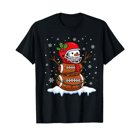 Merry Christmas Football Snowman Santa Hat Holiday Festive T-Shirt,Women's short-sleeved T-shirt celebrating the coming of Christmas