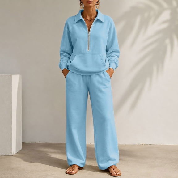 Gamivast Sweatsuits 2 Piece Set for Women Half Zip Pullover Sweatshirt Wide Leg Pants Two Piece Fall Winter Activewear Sky Blue L