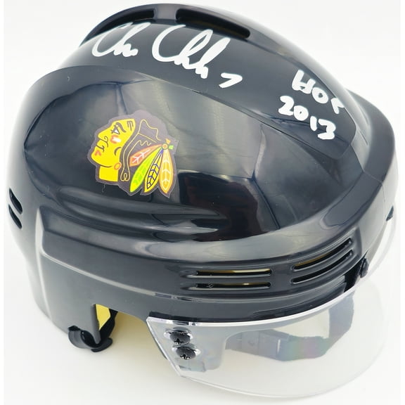 Chris Chelios Autographed Chicago Blackhawks Black Mini Helmet "HOF 2013" Beckett BAS Witness 232837