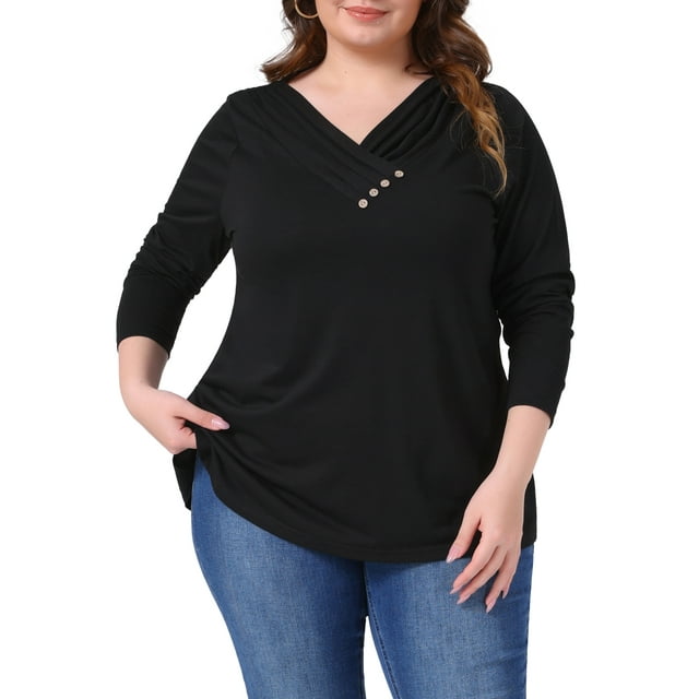 Blusas de mujer de talla grande Agnes Orinda, camisetas de pullover de manga larga, cuello en V, con botones, sueltas, 2X, negras