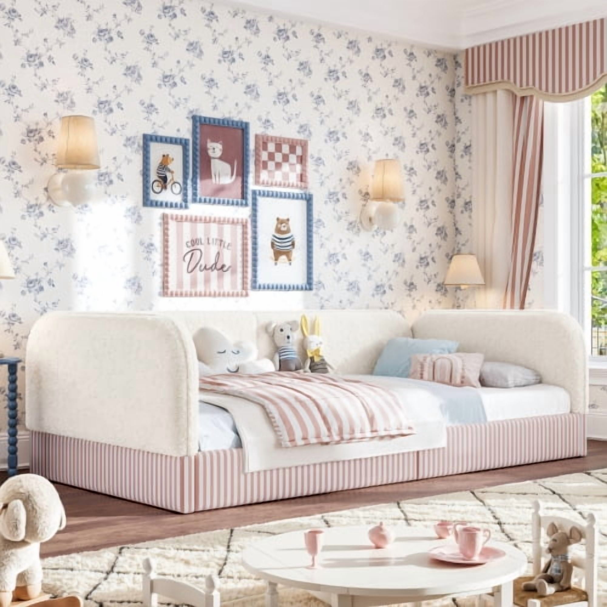 Twin Size Upholstered Teddy Fleece Floor Bed Frame, Half-Enclosed Montessori Low Profile Platform Bed with Full-Perimeter Guardrails for Kids, Beige