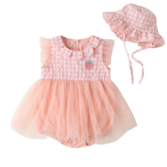 REDARER Girls' Romper Set Gingham Plaid Bodice with Strawberry Embroidery Tulle Overlay and Matching Bonnet,0-3 Months