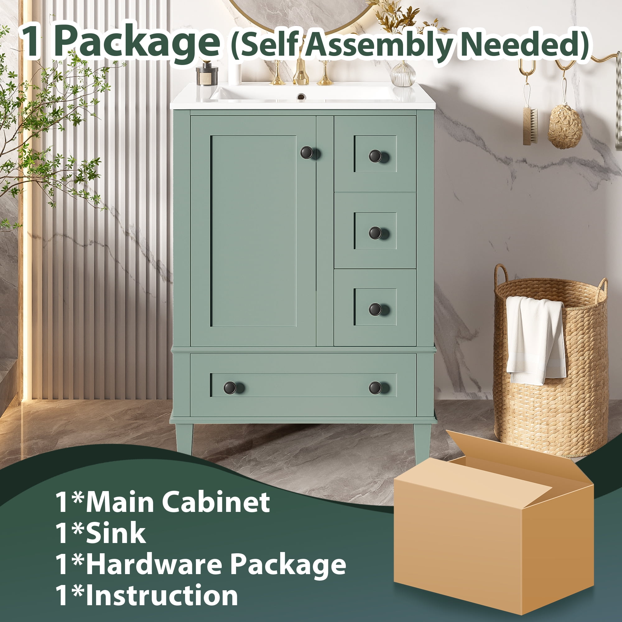 Euroco 24-inch light green bathroom vanity with an integrated ceramic basin, featuring a door-mounted double-layer shelf, soft-close drawers, and a soft-close cabinet door