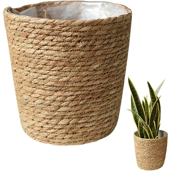 Guvpev 8.6" Seagrass Planter Basket with Plastic Liners, Hand Woven Straw Flower Pot, Vintage Farmhouse Rustic Plant Container for Indoor Outdoor Home Decor